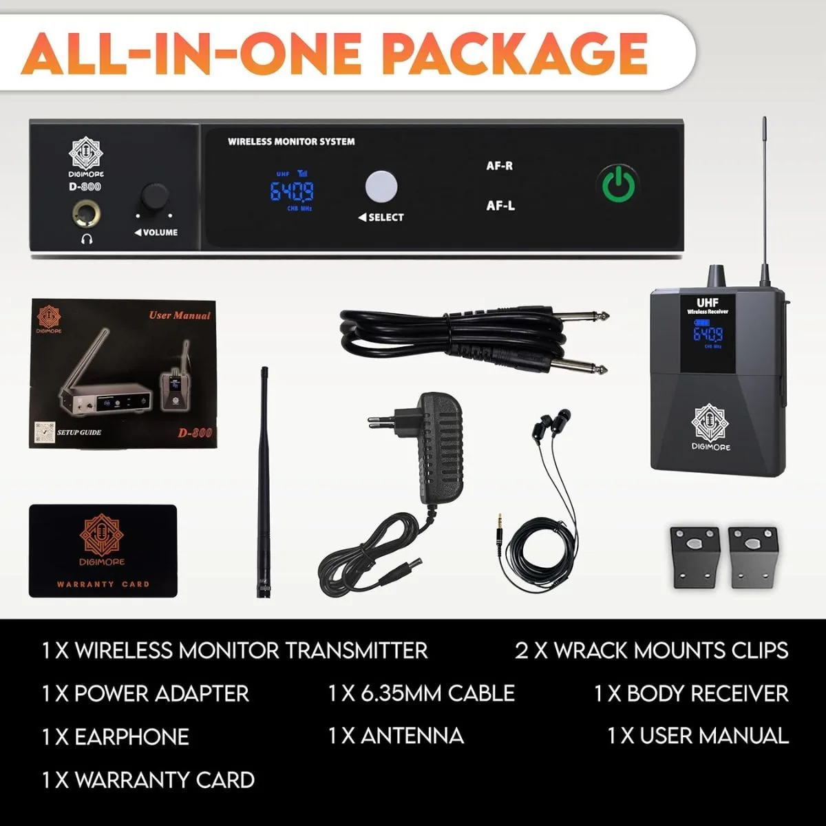Digimore D-800 Uhf Wireless In-Ear Monitor System with Earphones Box